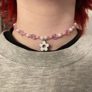 handmade pink and white flower necklace